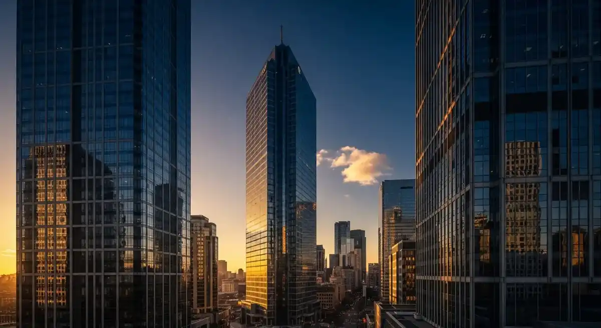 Modern commercial real estate skyline at golden hour