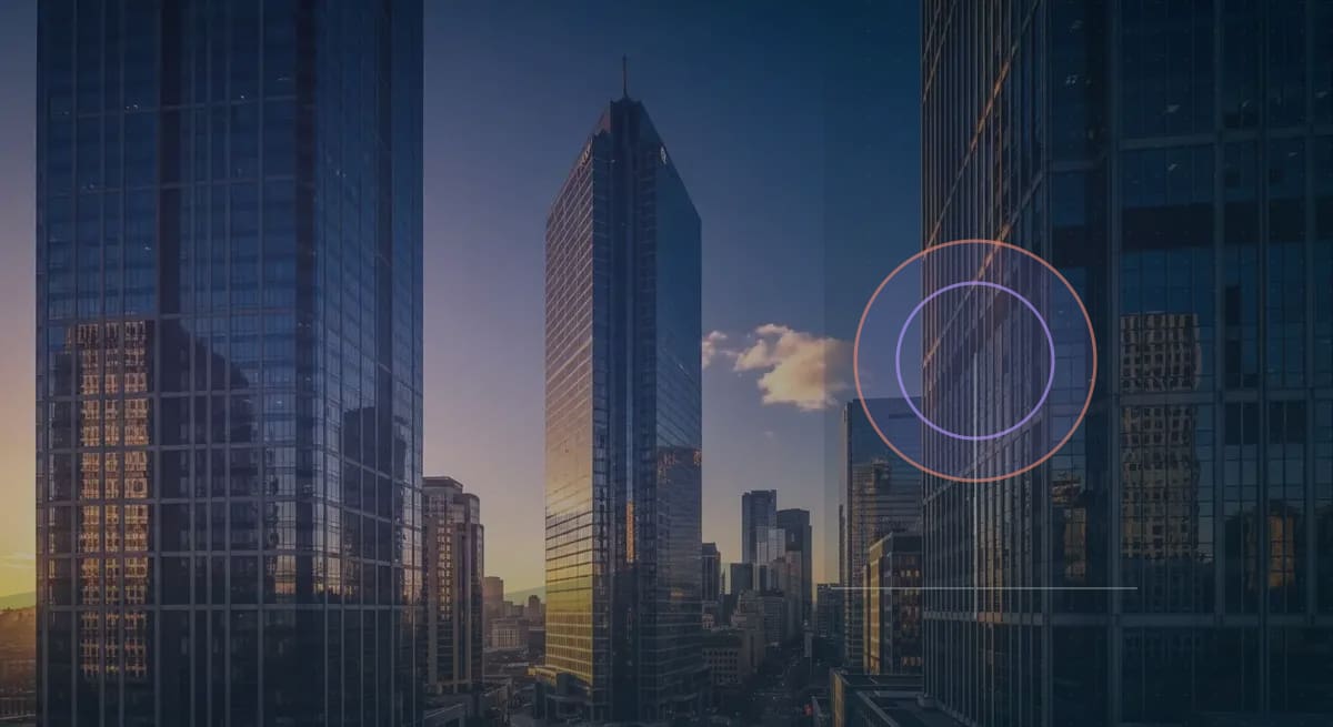 Modern commercial real estate skyline at golden hour
